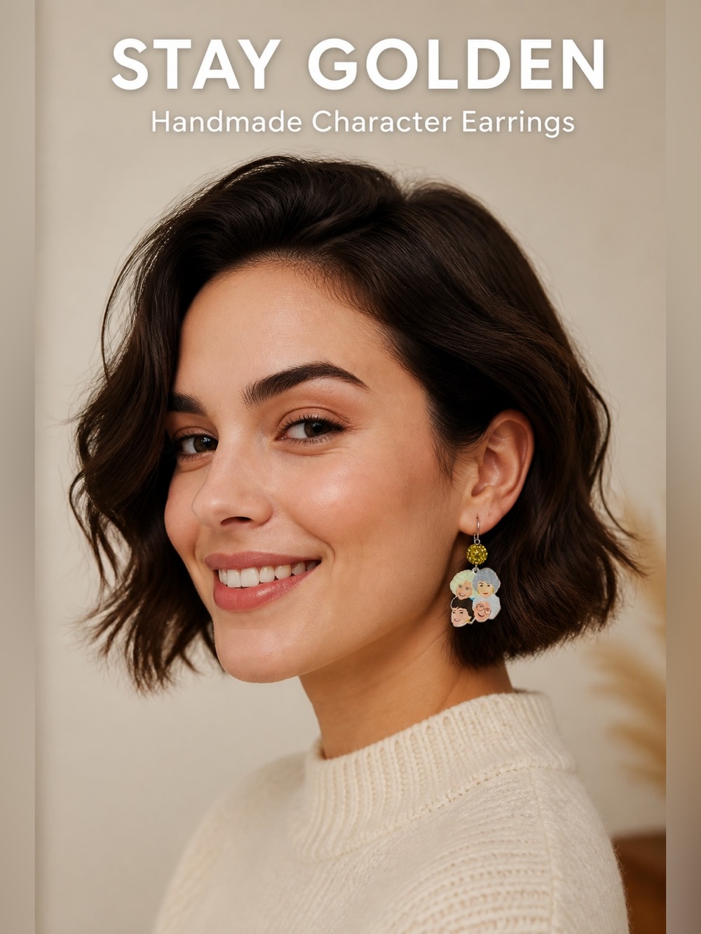 Handmade Character Golden Girls Drop Earrings - Gold and Pastel Faces